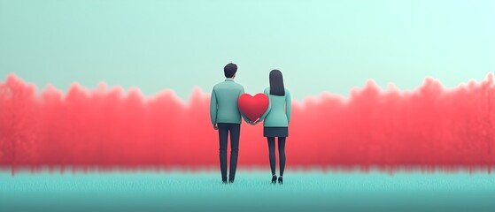 Silhouettes of romantic couple standing close together and holding hands in idyllic meadow landscape with red sky at sunset or sunrise  Conceptual of love relationship togetherness and connection