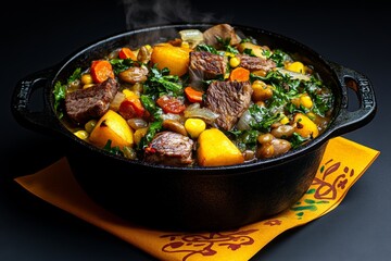 Watercolor of a bubbling stew in a cast-iron pot, with rich, earthy tones creating a cozy, comforting scene