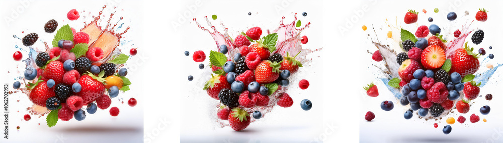 Poster A white background with three images of colorful berries and a splash of liquid, forming a cluster of fruit.