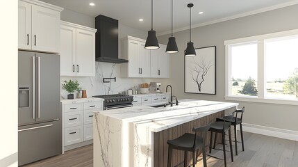 Spacious and bright modern kitchen featuring high end appliances custom cabinetry marble countertops and a large central island with overhead pendant lighting