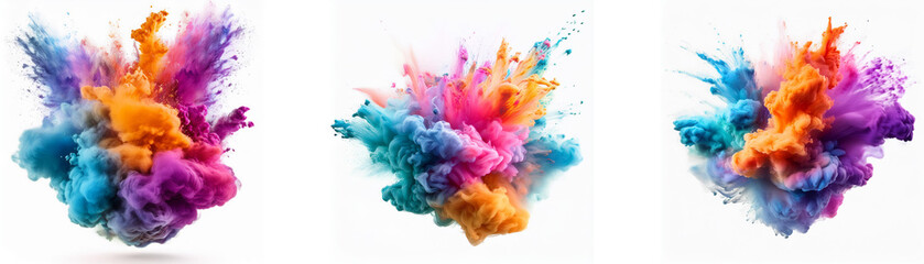 Fototapeta premium Three vibrant color explosions on a white background, creating a dynamic and colorful abstract design.