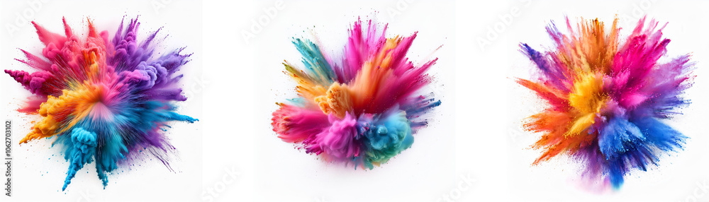 Poster Three colorful powder explosions, each with a different color scheme, isolated on a white background.