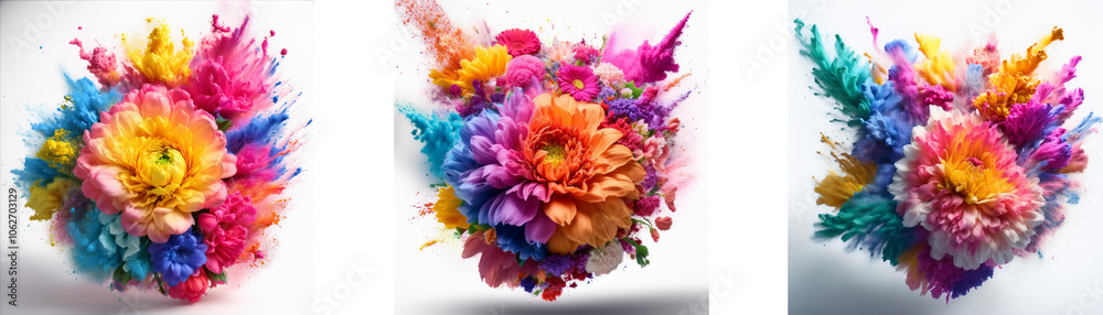 Poster Three colorful flower-shaped bursts of paint are arranged in a row.