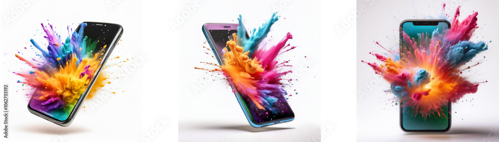 Fototapete three smartphones in a row with a colorful explosion erupting behind each one.