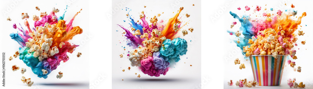 Poster Three colorful explosions of popcorn against a white background.