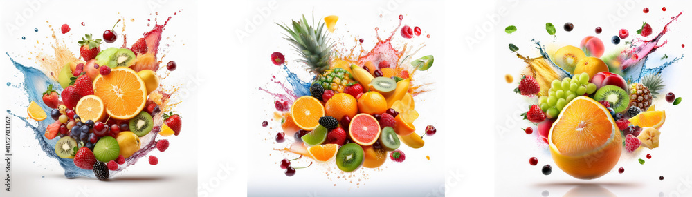 Poster a vibrant burst of colorful fruits with splashes of colored liquid.