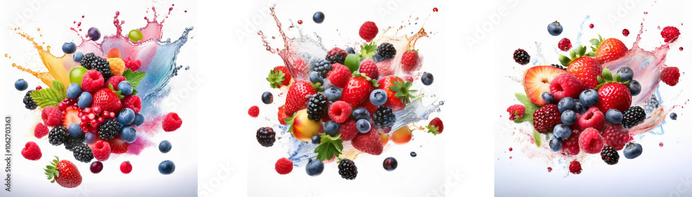 Poster three groups of colorful fresh berries and fruit surrounded by splashes of colorful liquid.