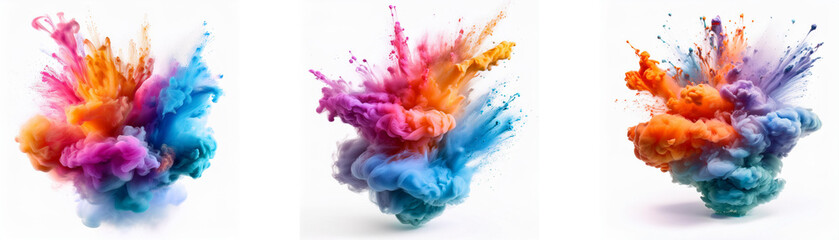 Three colorful clouds of paint explode on a white background.