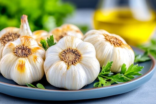 Whole roasted garlic heads, caramelized and golden, served on a plate with fresh herbs and olive oil