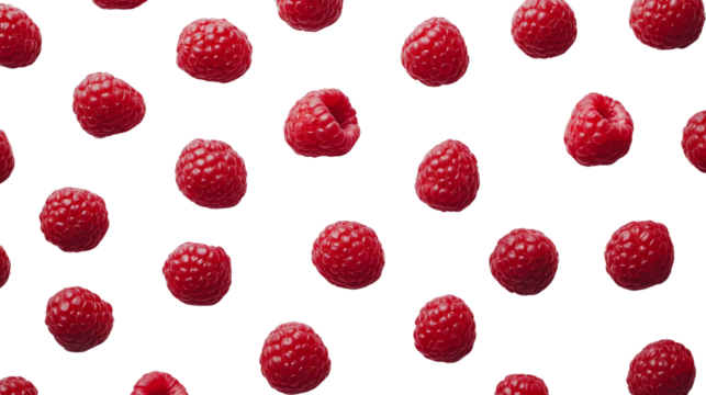 Raspberries arranged on transparent background, seamless pattern. Fresh fruit and food concept