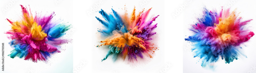 Poster three vibrant powder explosions in different color combinations on a white background.