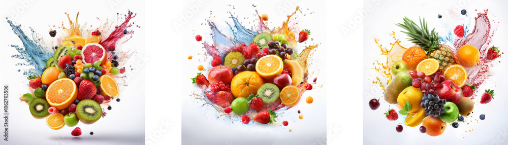 Aufkleber a burst of colorful fruit and juice splashes against a white backdrop.