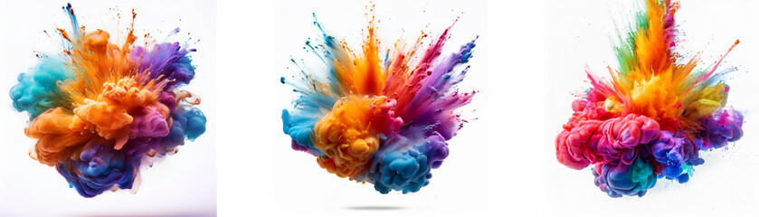 Three colorful paint explosions on a white background