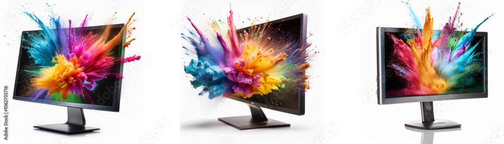 Leinwandbilder three computer monitors displaying colorful paint explosions.