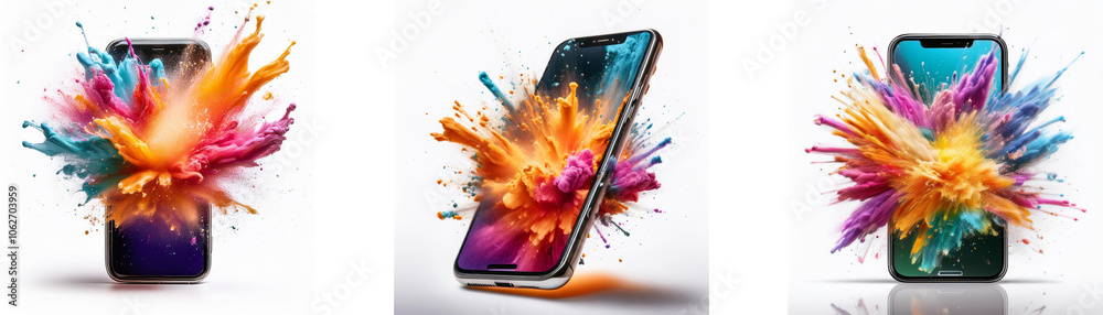 Poster three smartphones with colorful paint splatter explosions around them.