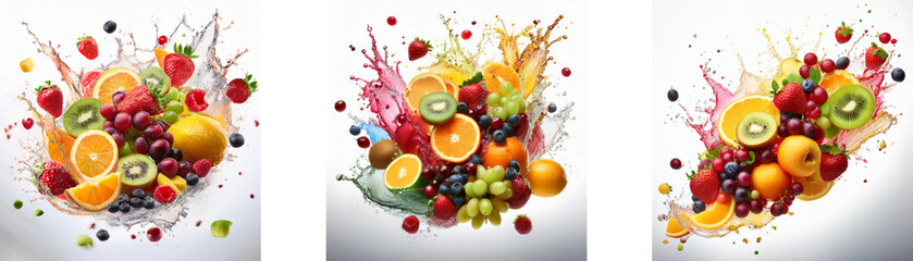A colorful arrangement of fresh fruits,  like oranges, kiwi, and strawberries, is presented in a splash of juice.