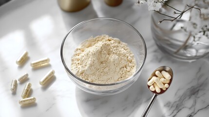 A glass bowl filled with marine collagen powder is elegantly arranged with capsules and a measuring spoon, highlighting its benefits for wellness and beauty.