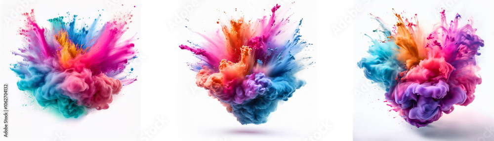 Poster three colorful abstract explosions of ink on a white background.