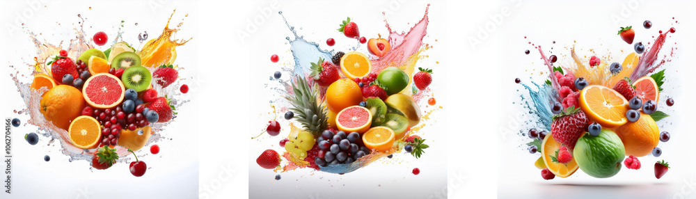 Poster three colorful fruit arrangements with splashes of liquid.