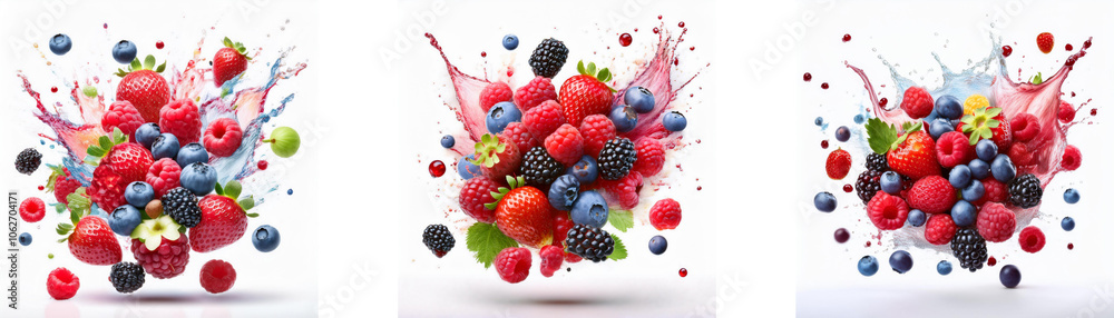 Poster three splashes of brightly colored liquid with assorted berries and a few green leaves scattered aro