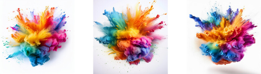 Three vibrant colored powder explosions against a white backdrop.