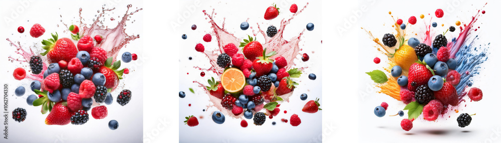 Poster a white background with three colorful splashes of fruit and juice.