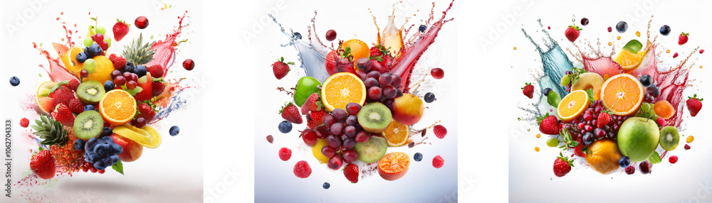 Poster a vibrant display of fresh fruit bursting with colorful splashes.