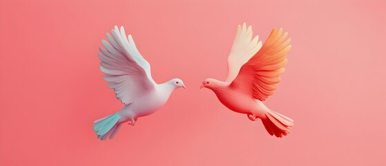 Fototapeta premium Two Vibrant Birds Flying in Graceful Harmony Against a Minimalist Pink Background Symbolizing Duality Connection and Renewal