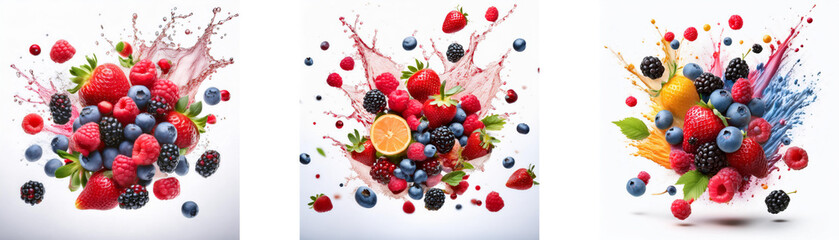 A white background with three colorful splashes of fruit and juice.