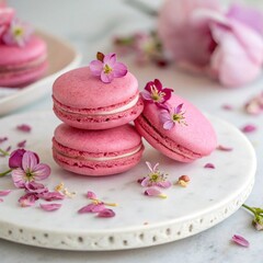 Colorful Macarons Stacked on a Marble Plate with Floral Garnish