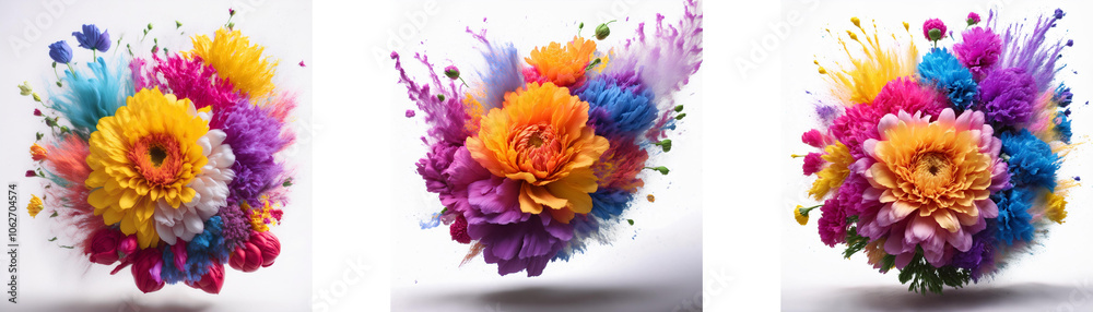 Poster Three vibrant floral arrangements explode with color against a white background.