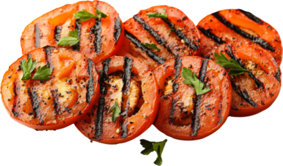 Grilled tomato slices with herbs on transparent background, culinary concept