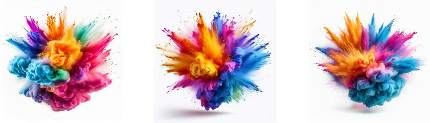 Three colorful powder explosions on a white background.