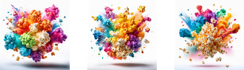Fototapeta premium Three colorful explosions of popcorn are floating in mid air against a white background.