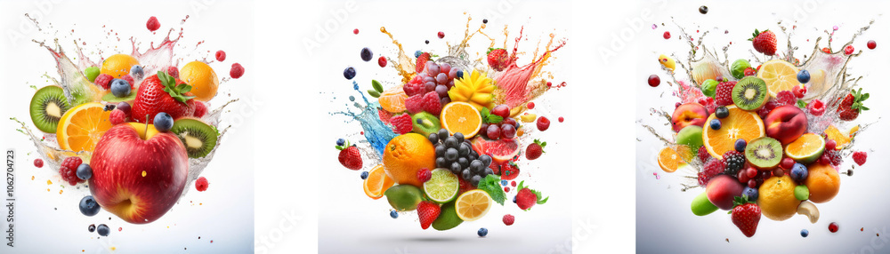 Poster Three colorful fruit compositions with a splash of milk or juice creating a dynamic visual effect.