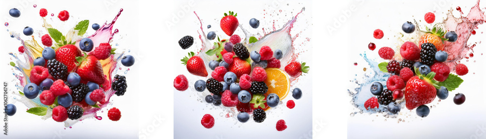 Poster three colorful splashes of berries and fruit in a white background.