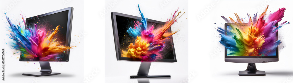 Leinwandbilder three computer monitors displaying a vibrant color explosion.