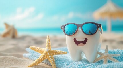 A smiling cartoon tooth wearing sunglasses is on a beach towel with starfish and an umbrella in the background.