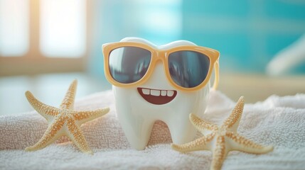 A cartoon tooth wearing sunglasses and lying on a beach towel with starfish.