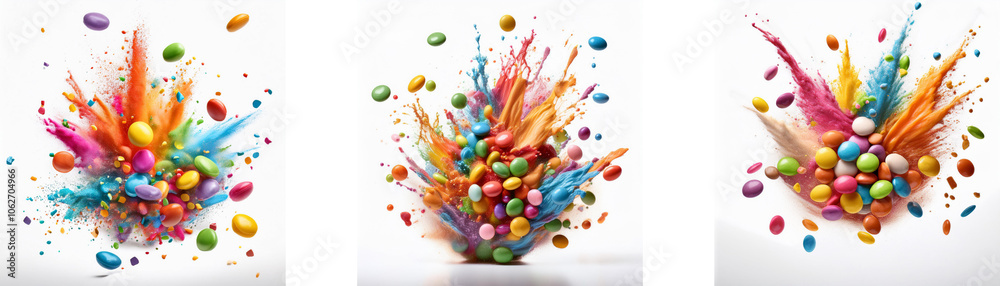 Poster three colorful explosions with candies and splattered paint.