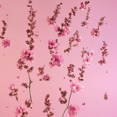A beautiful image of sping pink flowers flying in the air on the pastel pink background. Levitation conception. Hugh resolution image
