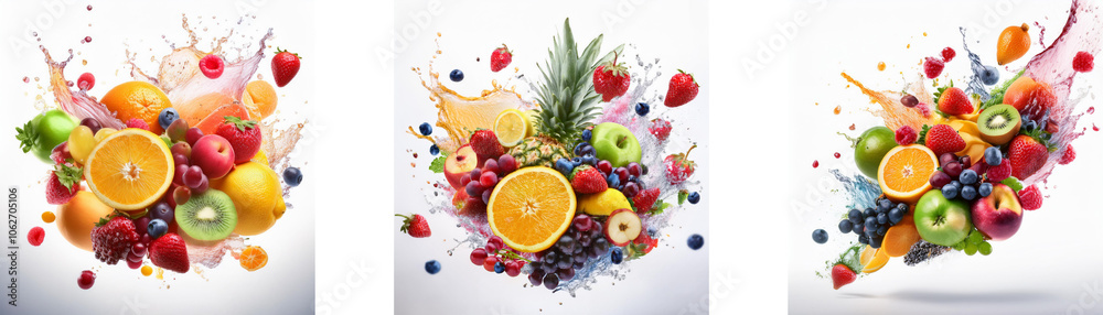 Poster A collage of three images featuring a variety of fruits splashed in a burst of colorful liquid.