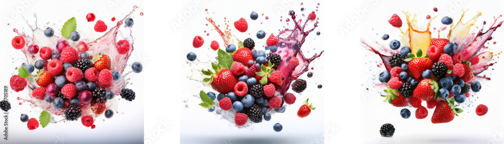 Poster Three images with splashes of color show a variety of berries in a burst pattern.