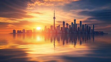 A stunning sunset casts a golden glow over the Toronto skyline, reflected in the calm waters below.