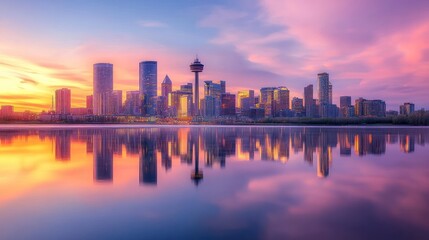 Fototapeta premium A modern city skyline with skyscrapers reflected in a calm lake at sunset.