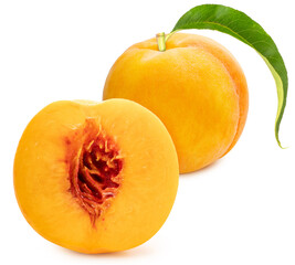 Yellow Peach with leaf isolated on white background, Fresh Yellow Peach Fruit on White With clipping path.