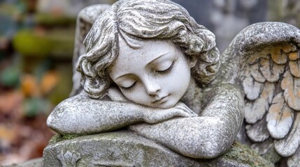Fototapeta premium Close-up of a stone angel statue with wings, resting its head on its hand, in a cemetery.