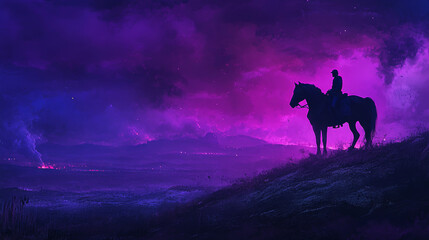 A dark horse and rider stand against a purple sunrise.