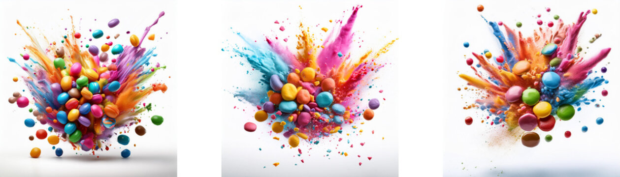 A cluster of colorful round objects are surrounded by paint splashes exploding outwards.