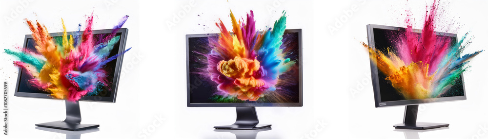 Fototapete three computer monitors, each with colorful explosions emanating from the screen.